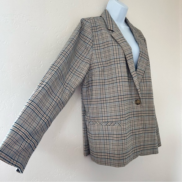 J JILL Jacket Blazer Houndstooth Plaid Tan Navy Oversized Trendy Size L NWT - Picture 4 of 14